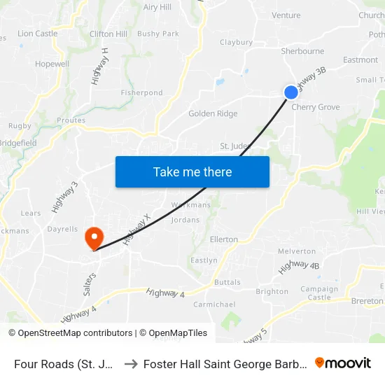 Four Roads (St. John) to Foster Hall Saint George Barbados map