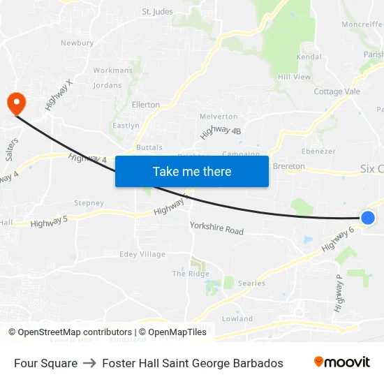 Four Square to Foster Hall Saint George Barbados map