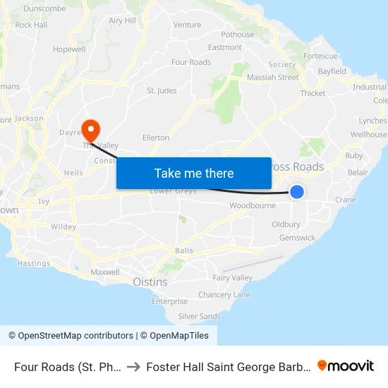 Four Roads (St. Philip) to Foster Hall Saint George Barbados map