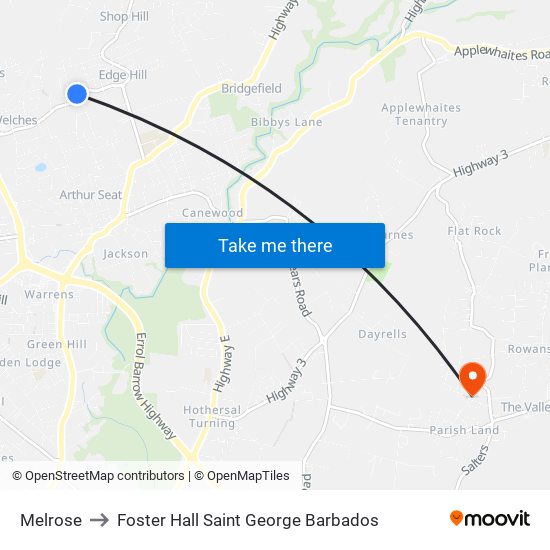 Melrose to Foster Hall Saint George Barbados map