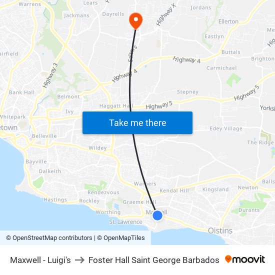 Maxwell - Luigi's to Foster Hall Saint George Barbados map