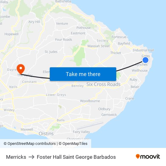 Merricks to Foster Hall Saint George Barbados map
