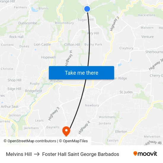 Melvins Hill to Foster Hall Saint George Barbados map