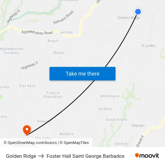 Golden Ridge to Foster Hall Saint George Barbados map