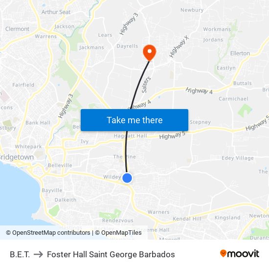 B.E.T. to Foster Hall Saint George Barbados map