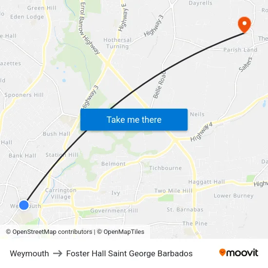 Weymouth to Foster Hall Saint George Barbados map