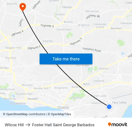 Wilcox Hill to Foster Hall Saint George Barbados map