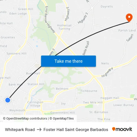 Whitepark Road to Foster Hall Saint George Barbados map
