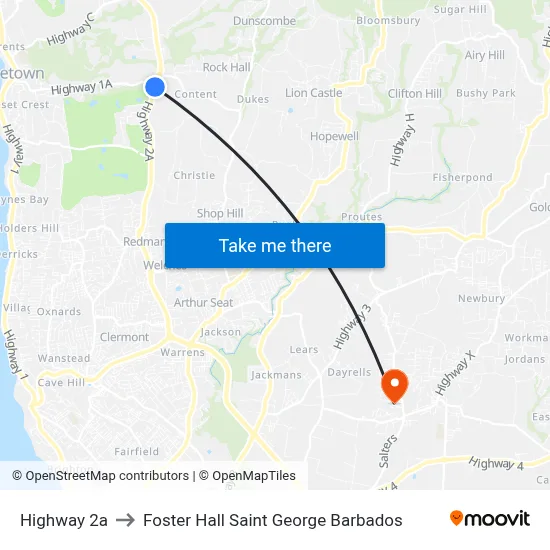 Highway 2a to Foster Hall Saint George Barbados map