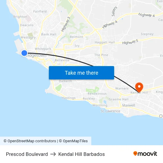 Prescod Boulevard to Kendal Hill Barbados map