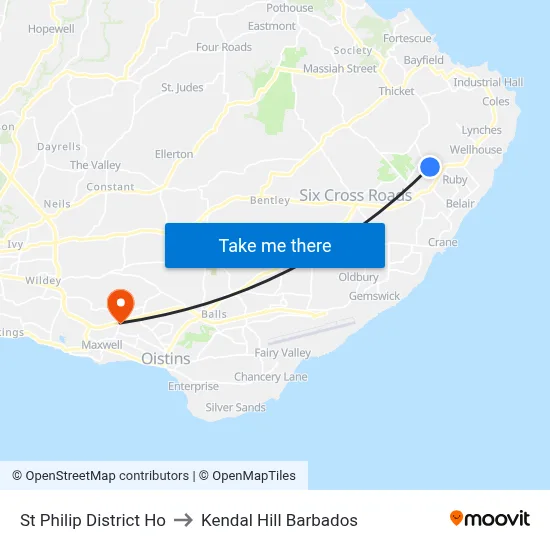 St Philip District Ho to Kendal Hill Barbados map