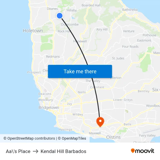Aa\'s Place to Kendal Hill Barbados map