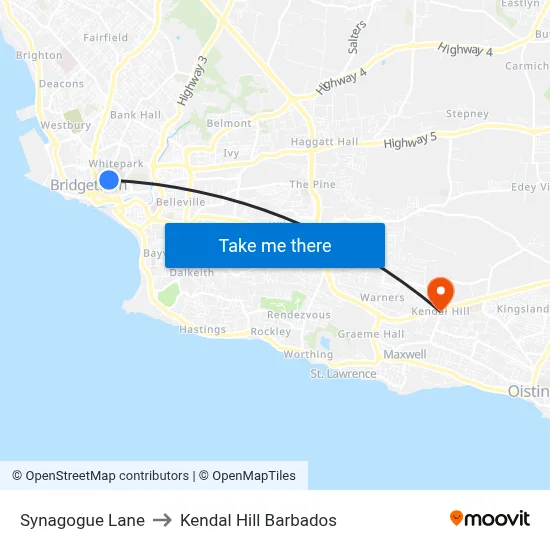 Synagogue Lane to Kendal Hill Barbados map