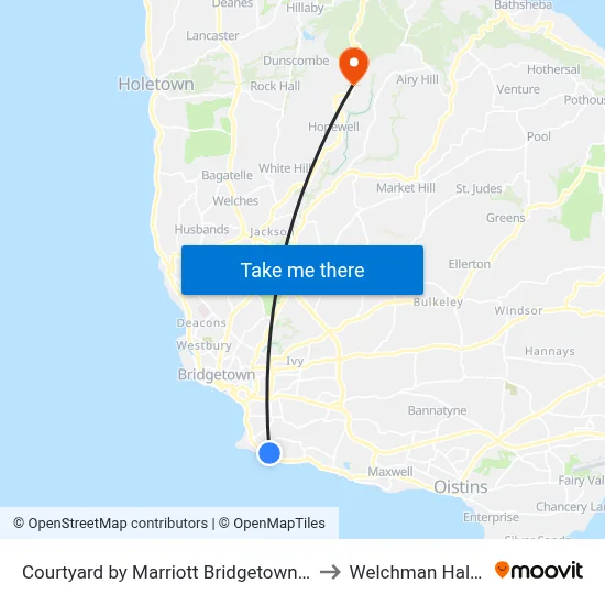 Courtyard by Marriott Bridgetown Barbados to Welchman Hall Gully map