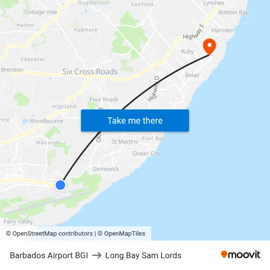 Barbados Airport BGI to Long Bay Sam Lords map