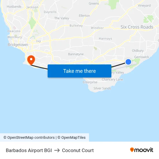 Barbados Airport BGI to Coconut Court map