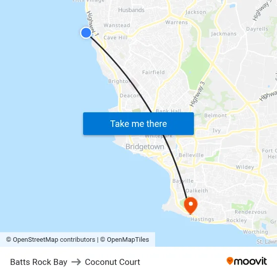 Batts Rock Bay to Coconut Court map