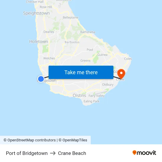 Port of Bridgetown to Crane Beach map