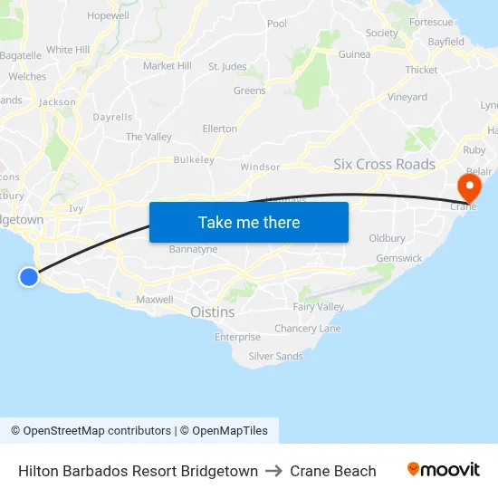 Hilton Barbados Resort Bridgetown to Crane Beach map