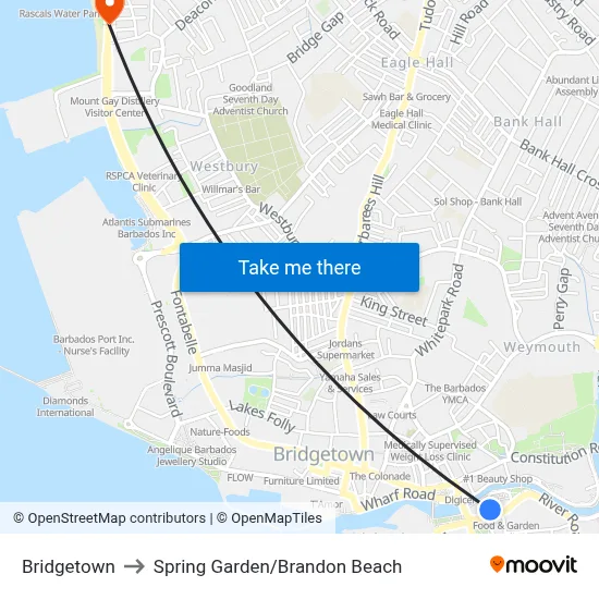 Bridgetown to Spring Garden/Brandon Beach map