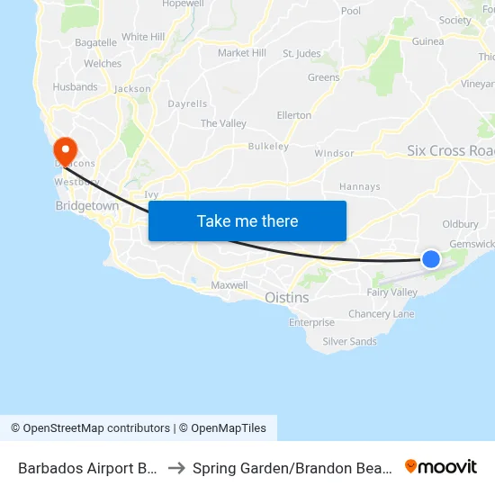 Barbados Airport BGI to Spring Garden/Brandon Beach map