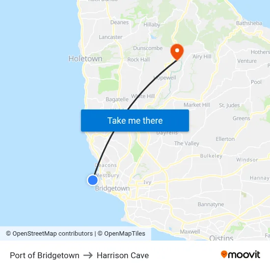 Port of Bridgetown to Harrison Cave map
