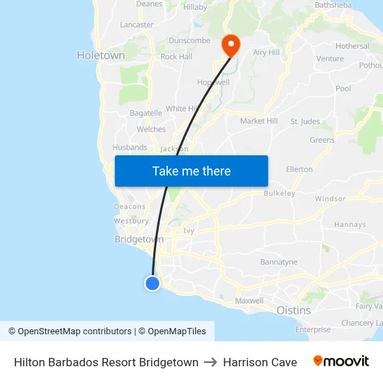 Hilton Barbados Resort Bridgetown to Harrison Cave map