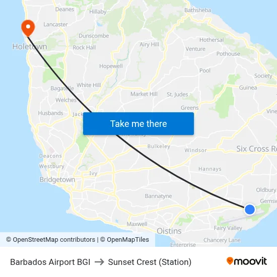 Barbados Airport BGI to Sunset Crest (Station) map
