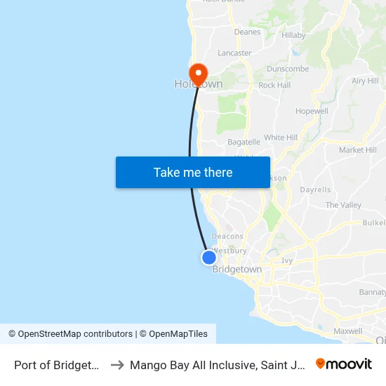 Port of Bridgetown to Mango Bay All Inclusive, Saint James map