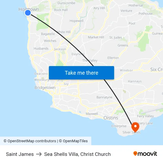 Saint James to Sea Shells Villa, Christ Church map