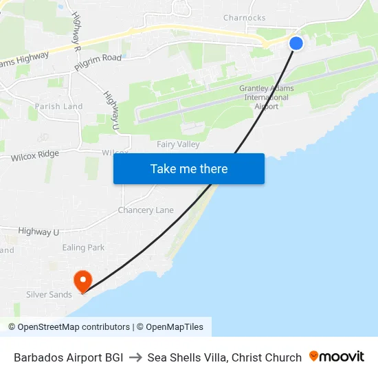Barbados Airport BGI to Sea Shells Villa, Christ Church map