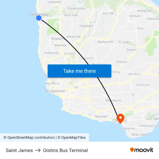 Saint James to Oistins Bus Terminal map