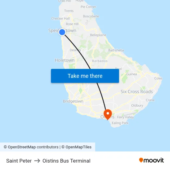 Saint Peter to Oistins Bus Terminal map