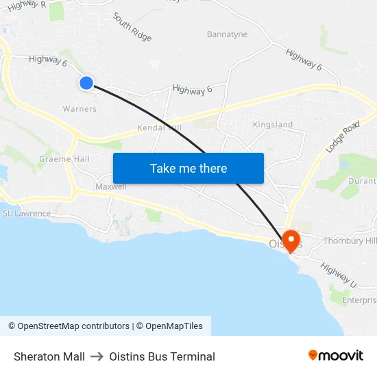 Sheraton Mall to Oistins Bus Terminal map