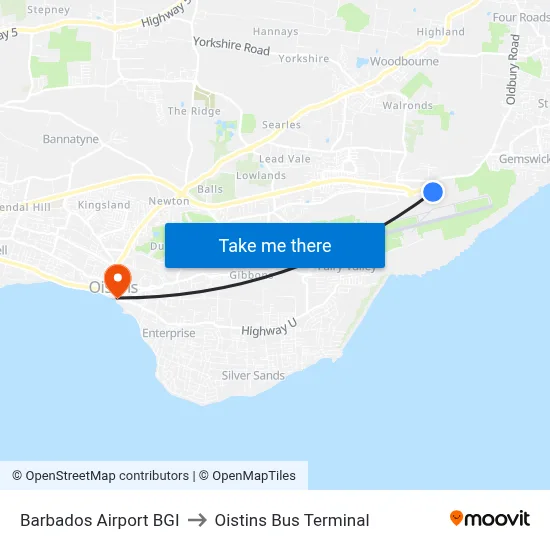 Barbados Airport BGI to Oistins Bus Terminal map