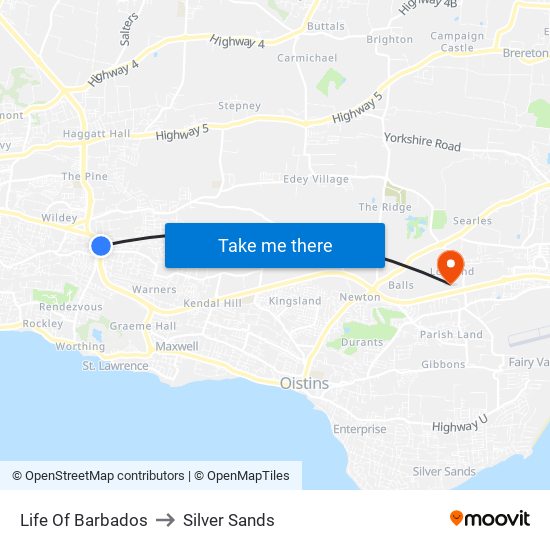 Life Of Barbados to Silver Sands map