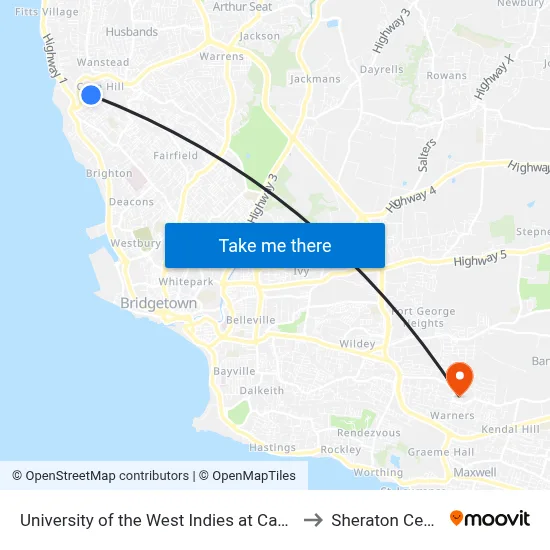 University of the West Indies at Cave Hill to Sheraton Centre map