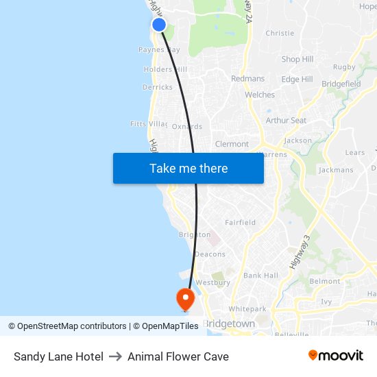 Sandy Lane Hotel to Animal Flower Cave map
