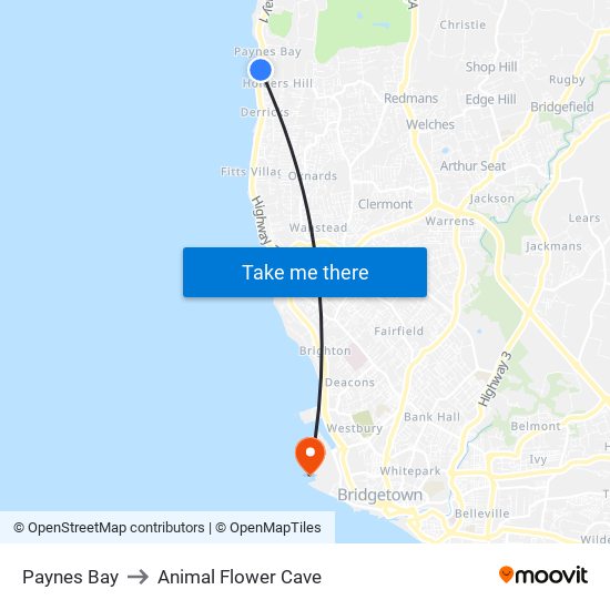 Paynes Bay to Animal Flower Cave map