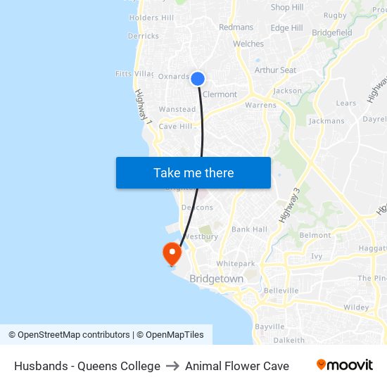 Husbands - Queens College to Animal Flower Cave map