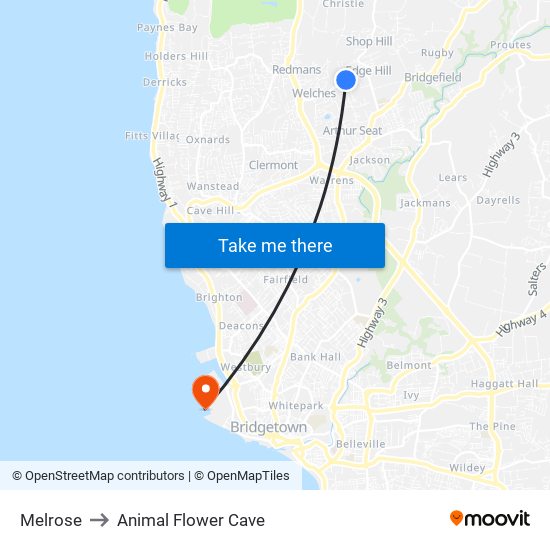 Melrose to Animal Flower Cave map
