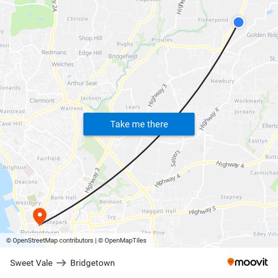 Sweet Vale to Bridgetown map