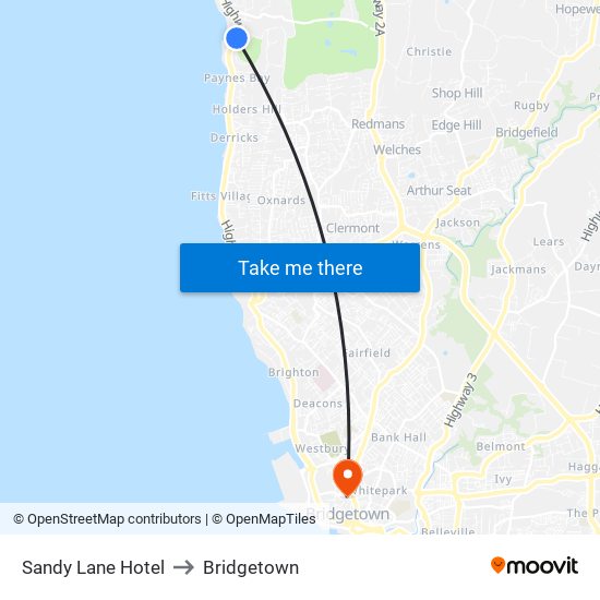 Sandy Lane Hotel to Bridgetown map