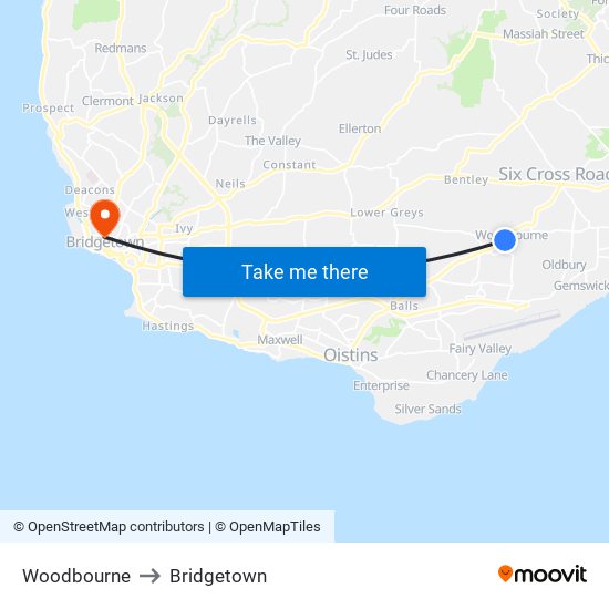 Woodbourne to Bridgetown map