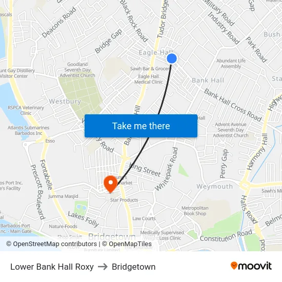 Lower Bank Hall Roxy to Bridgetown map