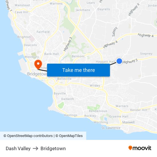 Dash Valley to Bridgetown map