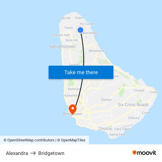 Alexandra to Bridgetown map