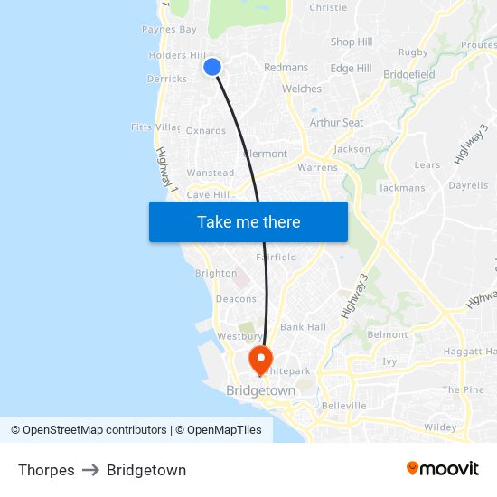 Thorpes to Bridgetown map