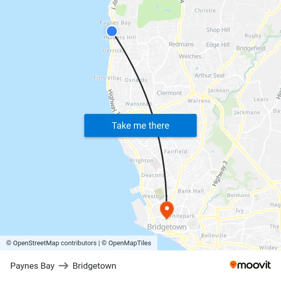 Paynes Bay to Bridgetown map