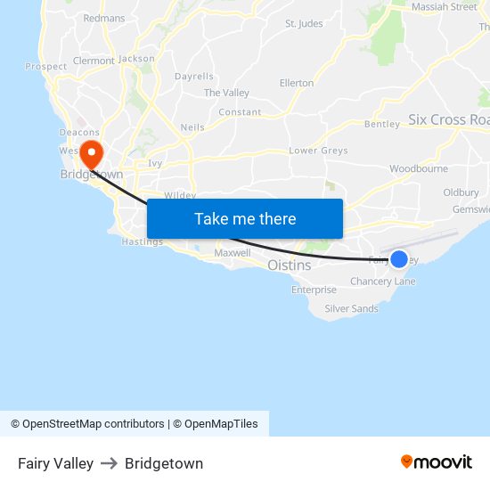 Fairy Valley to Bridgetown map